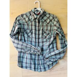 Y2K Panhandle Western Shirt Womens Size Small Pearl Snap/Rhinestone Plaid